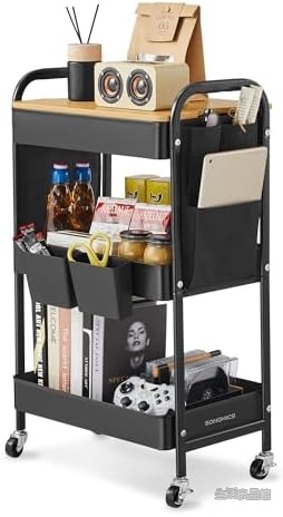 【送料無料】キッチンワゴン3段 隙間収納 キャスター付き 天板取り外し可能 収納カート キッチンラック トローリー 幅45奥行30高さ75cm 移動式 組立簡単 頑丈 ブラック｜生活良品館