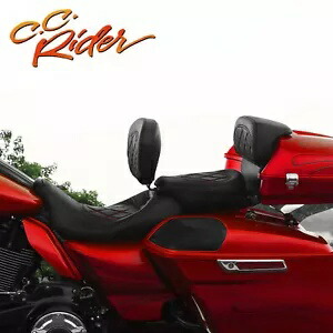 C.C. RIDER レッドステッチング運転席 背もたれ付き ハーレー 14-23 に適合 C.C. RIDER Red Sticthing Driver Passenger Seat w/ Backrest Fit For Harley 14-23 【並行輸入品】