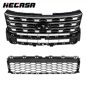 フロントバンパー上部&下部グリル ブラック クローム付き フォード エクスプローラー 2016-2017用 Front Bumper Upper & Lower Grille Black w/Chrome Fit For Ford Explorer 2016-2017 【並行輸入品】