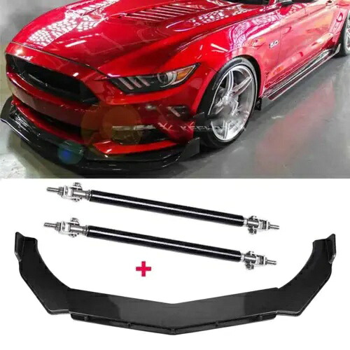 フォードマスタング用カーボンファイバーフロントバンパーリップスプリッタースポイラー+ストラットロッドセット For Ford Mustang Carbon Fiber Front Bumper Lip Splitter Spoiler+Strut Rods Set 【並行輸入品】