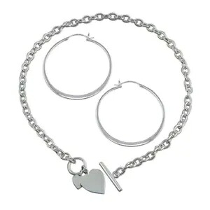 ラージ フラット クレオール フープ イヤリング & ダブル ハート タグ ネックレス スターリングシルバー Large Flat Creole Hoop Earrings & Double Heart Tag Necklace Sterling Silver 【並行輸入品】｜カスタムパーツ WORLD倉庫