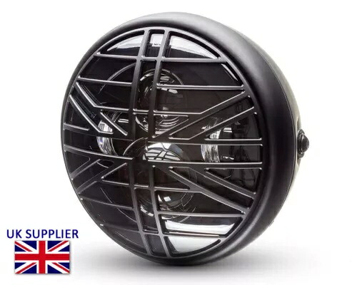 オートバイのヘッドライト LED 7.7 インチ ユニオンフラッグ グリル付き レトロ カフェ レーサー & スクランブラー Motorcycle Headlight LED 7.7" with Union Flag Grill Retro Cafe Racer & Scrambler 【並行輸入品】｜カスタムパーツ WORLD倉庫