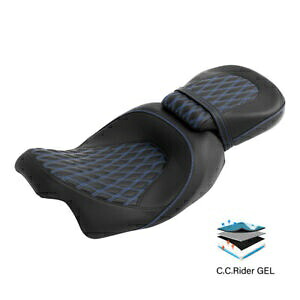 ブラック + ブルー運転席助手席ジェルシート 2 アップフィットハーレーロードストリートグライド 09-23 Black+Blue Driver Passenger Gel Seat 2-Up Fit For Harley Road Street Glide 09-23 【並行輸入品】