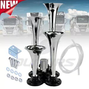 クロームメタル 12V 150DB 4 トランペットディープラウドエアホーンキットトラック車ボート SUV 用 Chrome Metal 12V 150DB 4 Trumpets Deep LOUD Air Horn Kit For Truck Car Boat SUVs 【並行輸入品】
