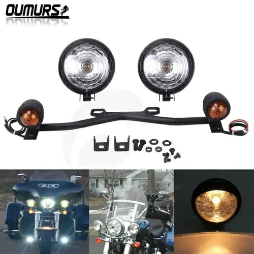 ハーレーカスタム用ターンシグナルランプ付きドライビングパッシングスポットフォグライトバーブラケット Driving Passing Spot Fog Light Bar Bracket w/ Turn Signal Lamp For Harley Custom 【並行輸入品】
