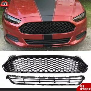 2 個グロスブラックメッシュトリムフロントバンパーグリルフィット 2013/14-2016 フォードフュージョン 2 Pcs Gloss Black Mesh Trim Front Bumper Grille Fit For 2013/14-2016 Ford Fusion 【並行輸入品】