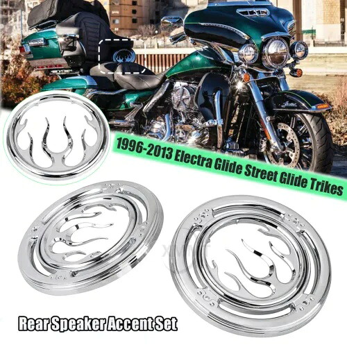 クローム リア フレーム スピーカー グリル アクセント トリム カバー ハーレー 06-13 ストリート グライド用 Chrome Rear Flame Speaker Grill Accent Trim Cover For Harley 06-13 Street Glide 【並行輸入品】