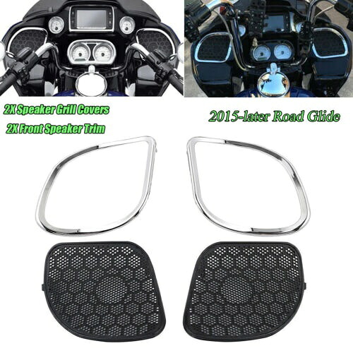 フロントフェアリングスピーカーグリルメッシュカバートリム付きハーレー2015以降ロードグライド用 Front Fairing Speaker Grilles Mesh Cover w/ Trim For Harley 2015-up Road Glide 【並行輸入品】