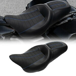ブラック 運転席 & 助手席 ハーレーツーリンググライド 09-Up ブルーステッチに適合 Black Driver & Passenger Seat Fit For Harley Touring Glide 09-Up Blue Stitching 【並行輸入品】