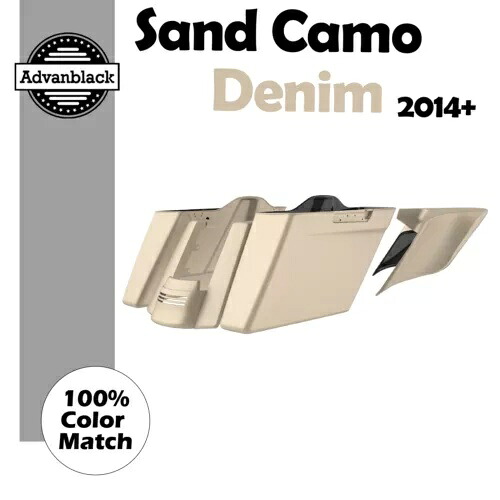 サンドカモデニムデュアルアンカット拡張ストレッチサドルバッグはハーレー 2014+ に適合 Sand Camo Denim Dual Uncut Extended Stretched Saddlebags Fits Harley 2014+ 【並行輸入品】