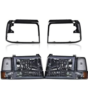 1992-1996 F250 デュアル LED スモークヘッドライト + ブラックヘッドランプドアベゼルに適合 Fit For 1992-1996 F250 DUAL LED Smoked Headlights+Black Head Lamps Door Bezel 【並行輸入品】