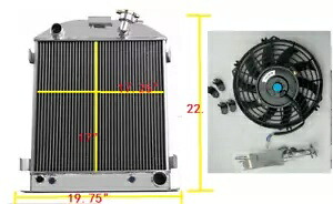 3 列アルミラジエーター + ファンフォード 1932 みじん切りホットロッド w/シボレー 350 V8 エンジン 3 Row Aluminum Radiator+Fan For Ford 1932 Chopped Hot Rod w/Chevy 350 V8 Engine 【並行輸入品】