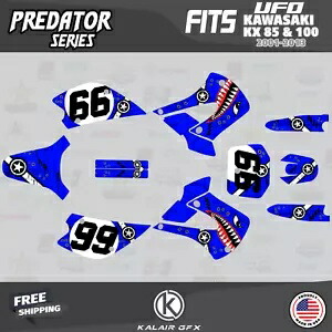 Kawasaki KX85 KX100 UFO Restyle 2001-2013 プレデター シリーズ用グラフィックスキット - ブルー Graphics Kit for Kawasaki KX85 KX100 UFO Restyle 2001-2013 Predator Series-Blue画像