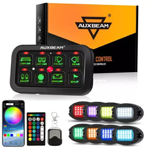 AUXBEAM グリーン 8 ギャング スイッチ パネル + 8 ポッド RGBW LED ロック ライト アンダーグロー ランプ AUXBEAM Green 8 Gang Switch Panel + 8 Pods RGBW LED Rock Lights Underglow Lamps 【並行輸入品】｜カスタムパーツ WORLD倉庫