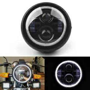 オートバイ 6.5 インチ プロジェクター LED ヘッドライト ホワイト ハロー リング付き カフェ レーサー ボバー Motorcycle 6.5\