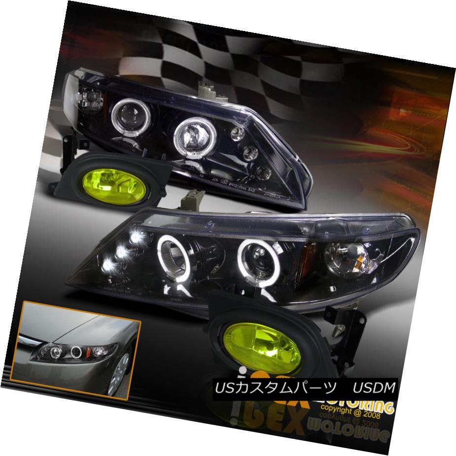 ヘッドライト 2006-2008 Honda Civic 4DR Halo Projector LED Shiny Black Headlights + Fog Light 2006-2008ホンダシビック4DRハロープロジェクターLEDシャイニーブラックヘッドライト+フォグライト 【並行輸入品】