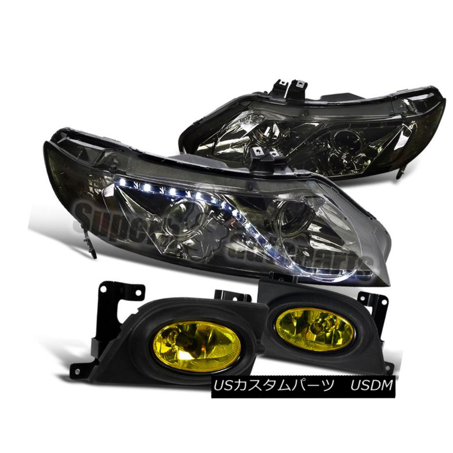 ヘッドライト For 2006-2008 Civic 4D Led DRL Projector Headlight Black+JDM Fog Light Yellow 2006-2008シビック4D Led DRLプロジェクターヘッドライトブラック+ JDMフォグライトイエロー 【並行輸入品】