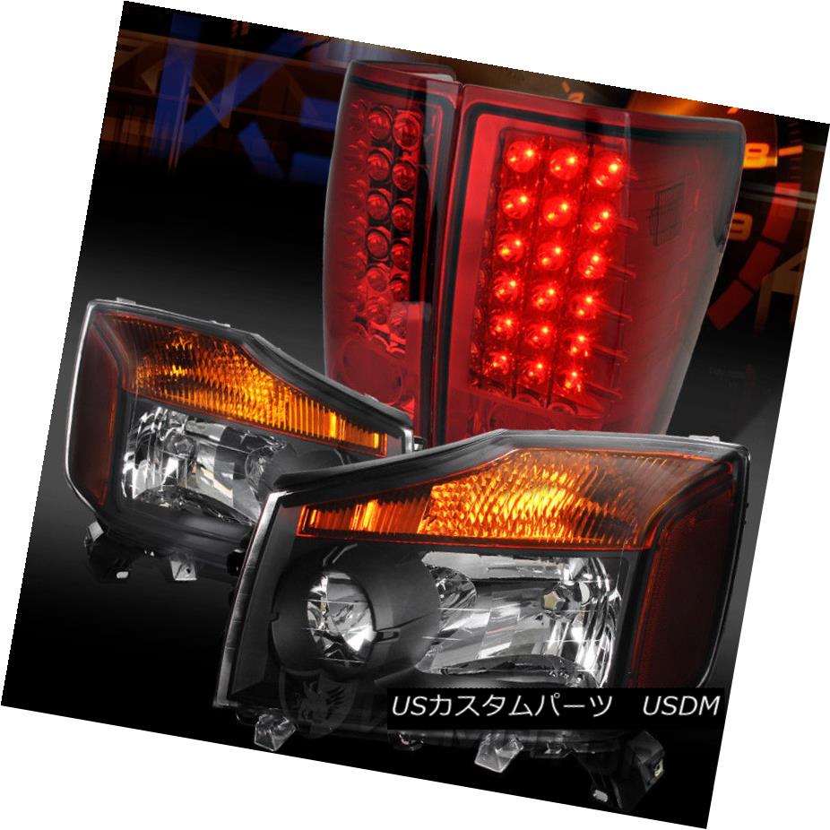ヘッドライト Fit 04-13 Titan Pickup Crystal Black Headlights+Red LED Tail Lamps フィット04-13タイタンピックアップクリスタルブラックヘッドライト+レッドLEDテールランプ 【並行輸入品】