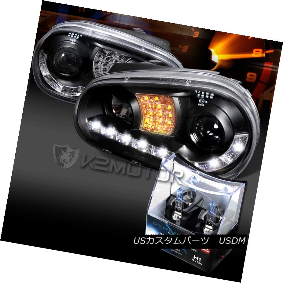 ヘッドライト Fit 99-02 VW Cabrio Black LED DRL Signal Projector Headlights+H1 Halogen Bulbs フィット99-02 VW CabrioブラックLED DRLシグナルプロジェクターヘッドライト+ H1ハロゲン電球 【並行輸入品】