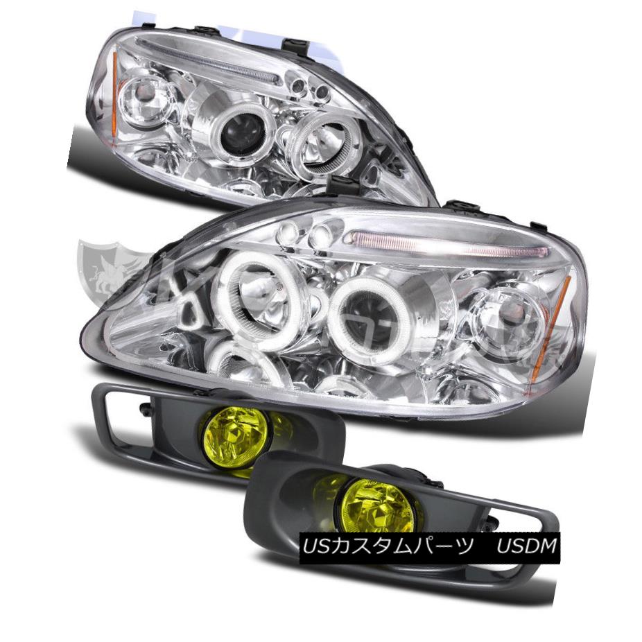 ヘッドライト For 99-00 Honda Civic Chrome Halo Projector Headlights+Yellow Fog Bumper Lamp 99-00ホンダシビッククロームハロープロジェクターヘッドライト+イエロー用 低霧バンパーランプ 【並行輸入品】