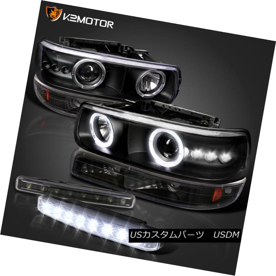ヘッドライト Black 99-02 Silverado Halo SMD Projector Headlight+Bumper Light+LED DRL Fog Lamp ブラック99-02 Silverado Halo SMDプロジェクターヘッドライト+バンプ er Light + LED DRLフォグランプ 【並行輸入品】