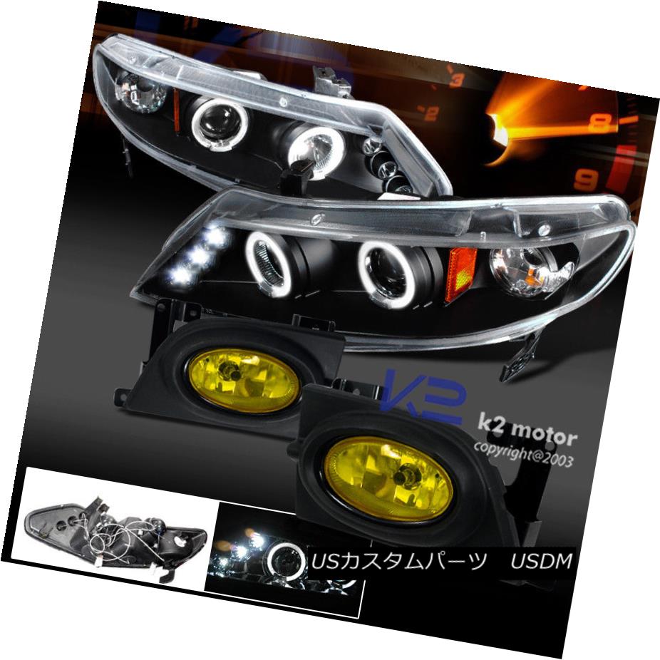 ヘッドライト For 06-08 Civic 4Dr Sedan Black Halo LED Projector Headlights+Yellow Fog Lights 06-08シビック4DrセダンブラックハローLEDプロジェクターヘッドライト+イエロー 低フォグライト 【並行輸入品】