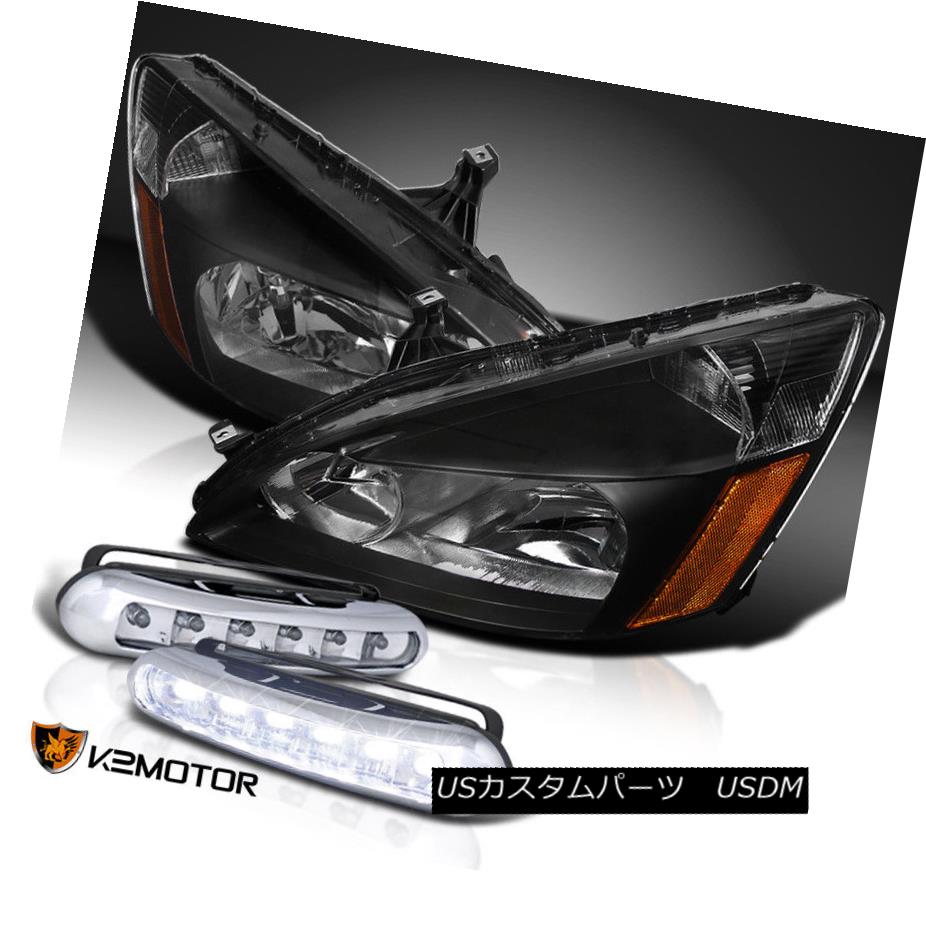 ヘッドライト For 03-07 Honda Accord JDM Black Headlights w/ LED DRL Daytime Running Fog Lamps 03-07ホンダアコードJDMブラックヘッドライト（LED DRLデイタイムランニングフォグランプ付き） 【並行輸入品】