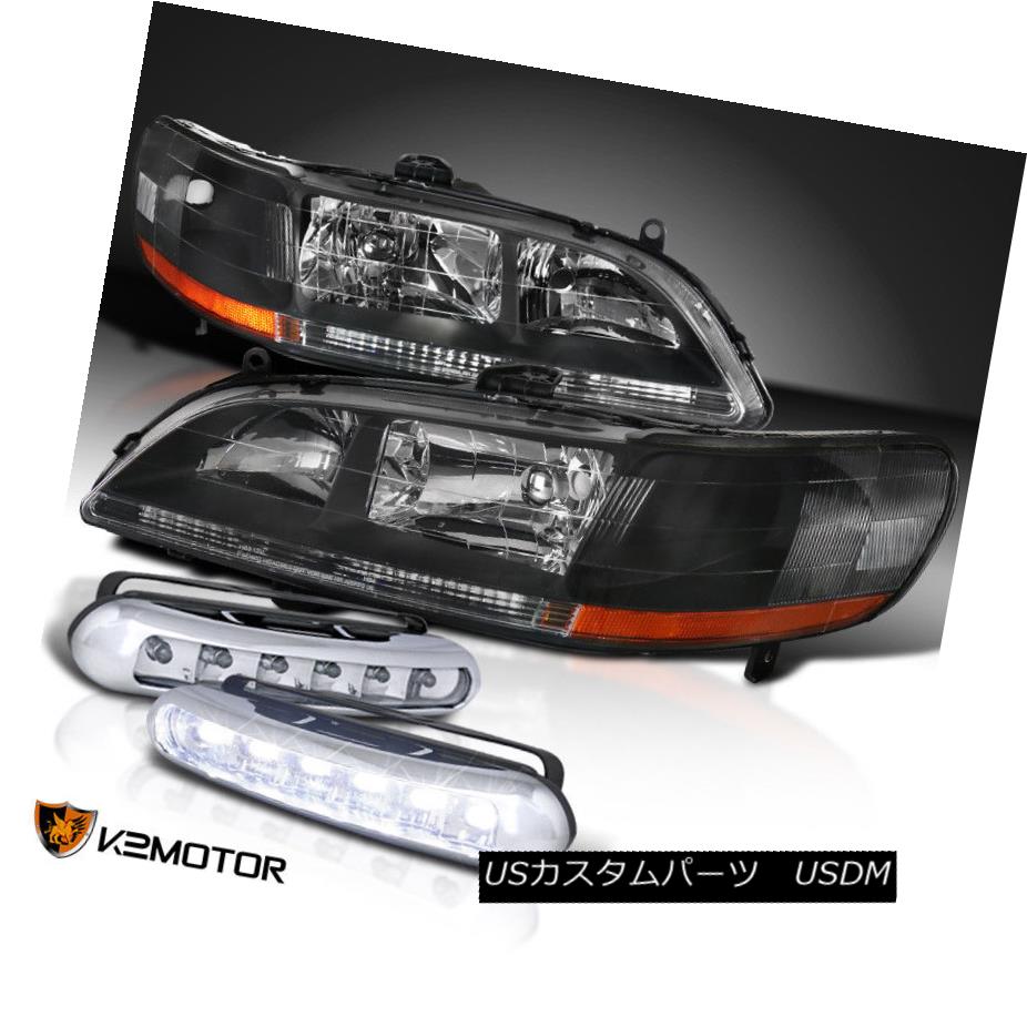 ヘッドライト Fit 98-02 Accord Black Front Diamond Headlights+LED DRL Bumper Fog Lamps フィット98-02アコードブラックフロントダイヤモンドヘッドライト+ LED DRLバンパーフォグランプ 【並行輸入品】