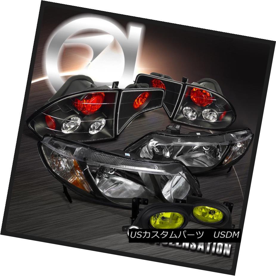 ヘッドライト Fit 06-08 Honda Civic 4dr Black Crystal Headlights+Yellow Fog Lamps+Tail Light フィット06-08ホンダシビック4drブラッククリスタルヘッドライト+イエロー 低フォグランプ+テールライト 【並行輸入品】