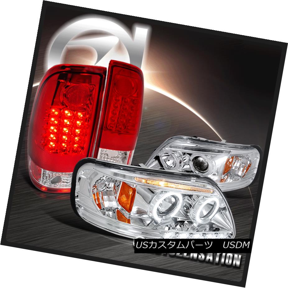 ヘッドライト 97-03 F-150 Chrome Clear Twin Halo Projector Headlights+Red LED Brake Tail Lamps 97-03 F-150クロームクリアツインハロープロジェクターヘッドライト+レッドLEDブレーキテールランプ 【並行輸入品】