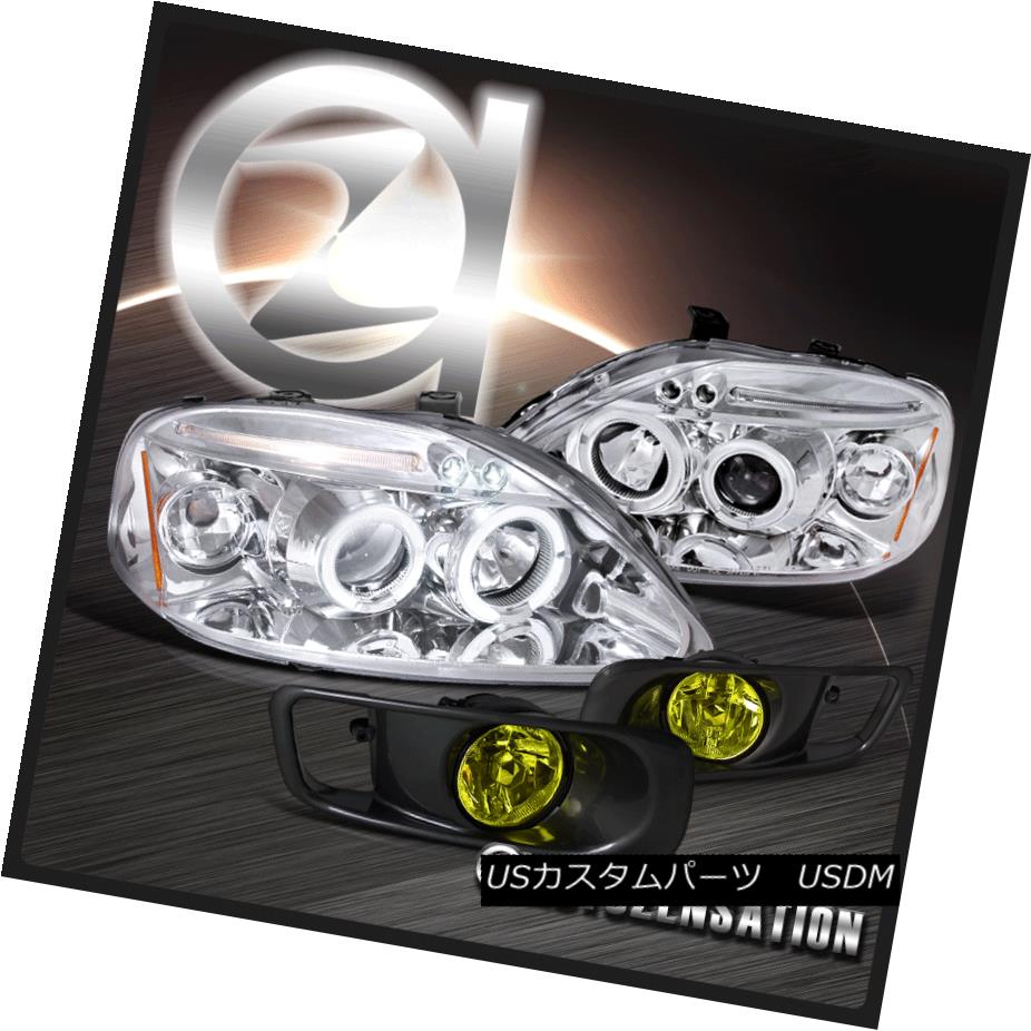 ヘッドライト Fit 1999-2000 Honda Civic Chrome Halo LED Projector Headlights+Yellow Fog Lamps フィット1999-2000 Honda Civic Chrome Halo LEDプロジェクターヘッドライト+ Yel 低霧ランプ 【並行輸入品】