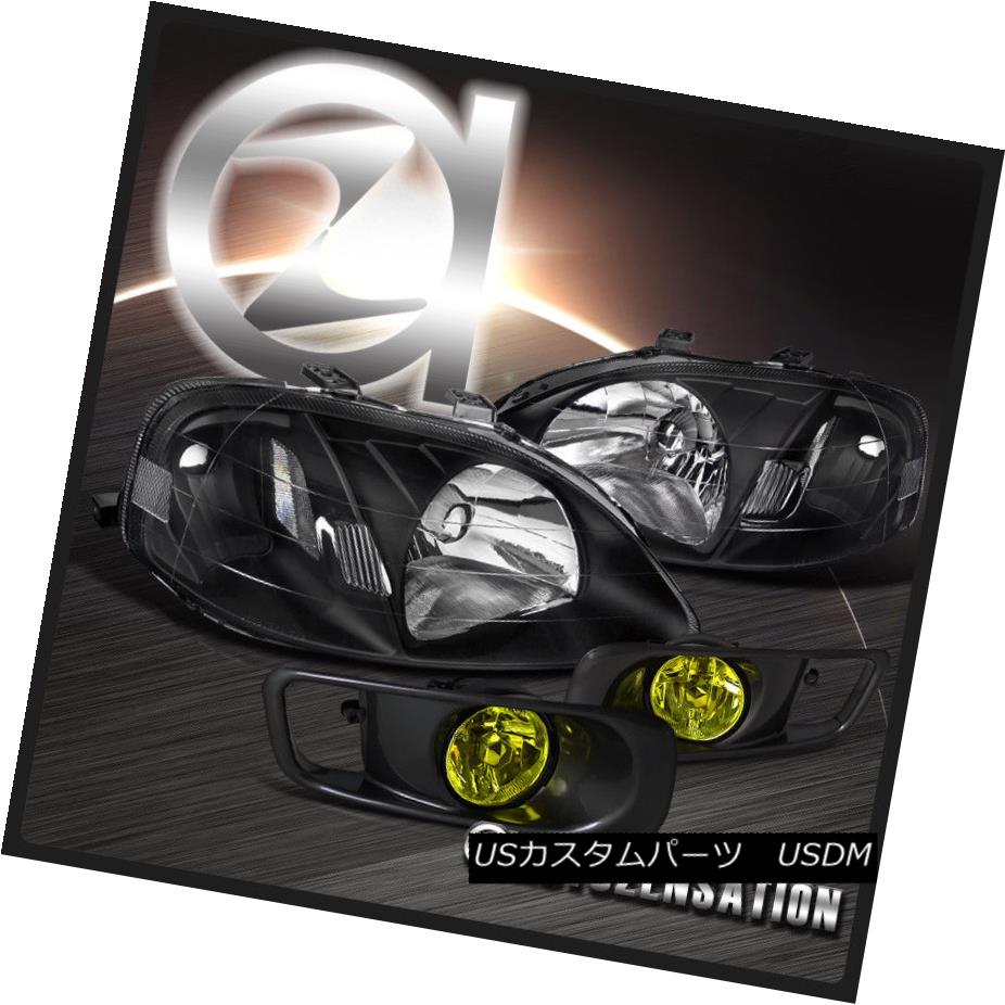 ヘッドライト Fit 1999-2000 Honda Civic 2/3/4DR Black Headlights+Yellow Fog Bumper Lamp フィット1999-2000ホンダシビック2/3 / 4DRブラックヘッドライト+イエロー 低フォグバンパーランプ 【並行輸入品】