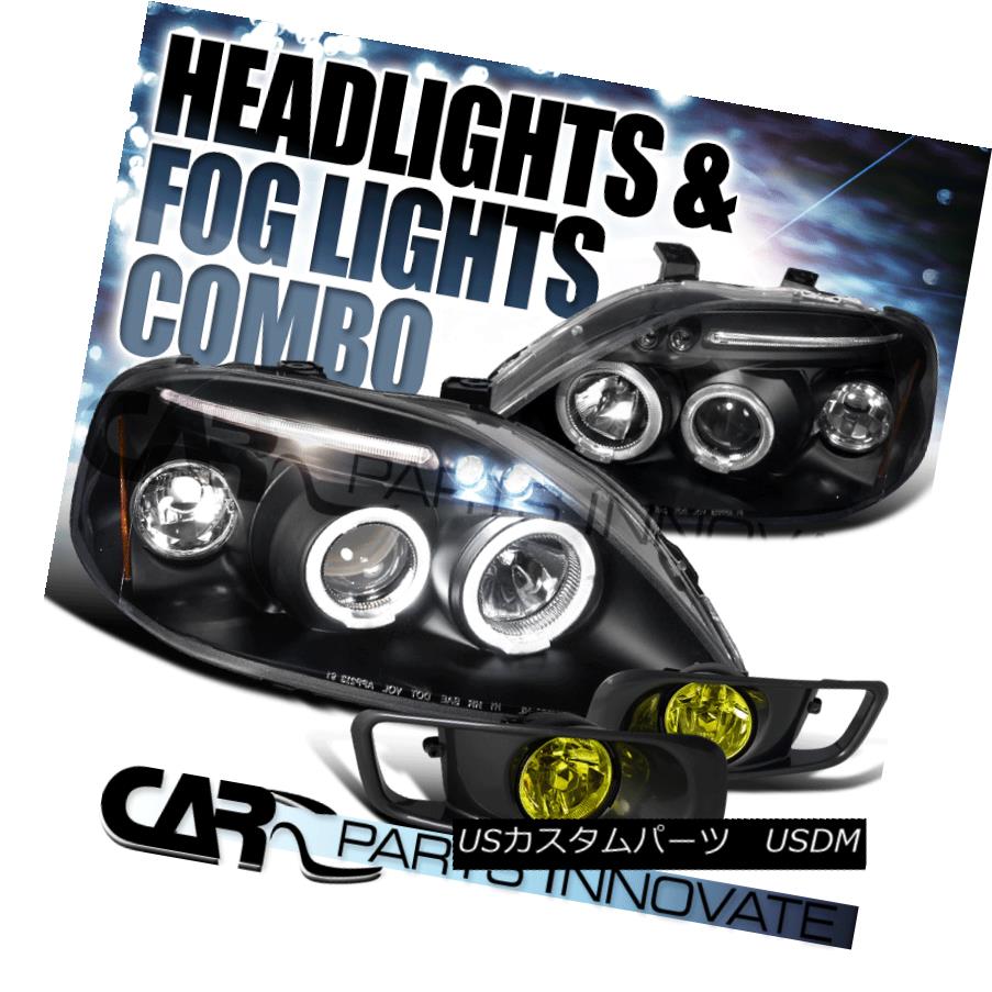 ヘッドライト Fit 1999-2000 Honda Civic Black Halo LED Projector Headlights+Yellow Fog Lamps フィット1999-2000ホンダシビックブラックハローLEDプロジェクターヘッドライト+イエロー 低フォグランプ 【並行輸入品】