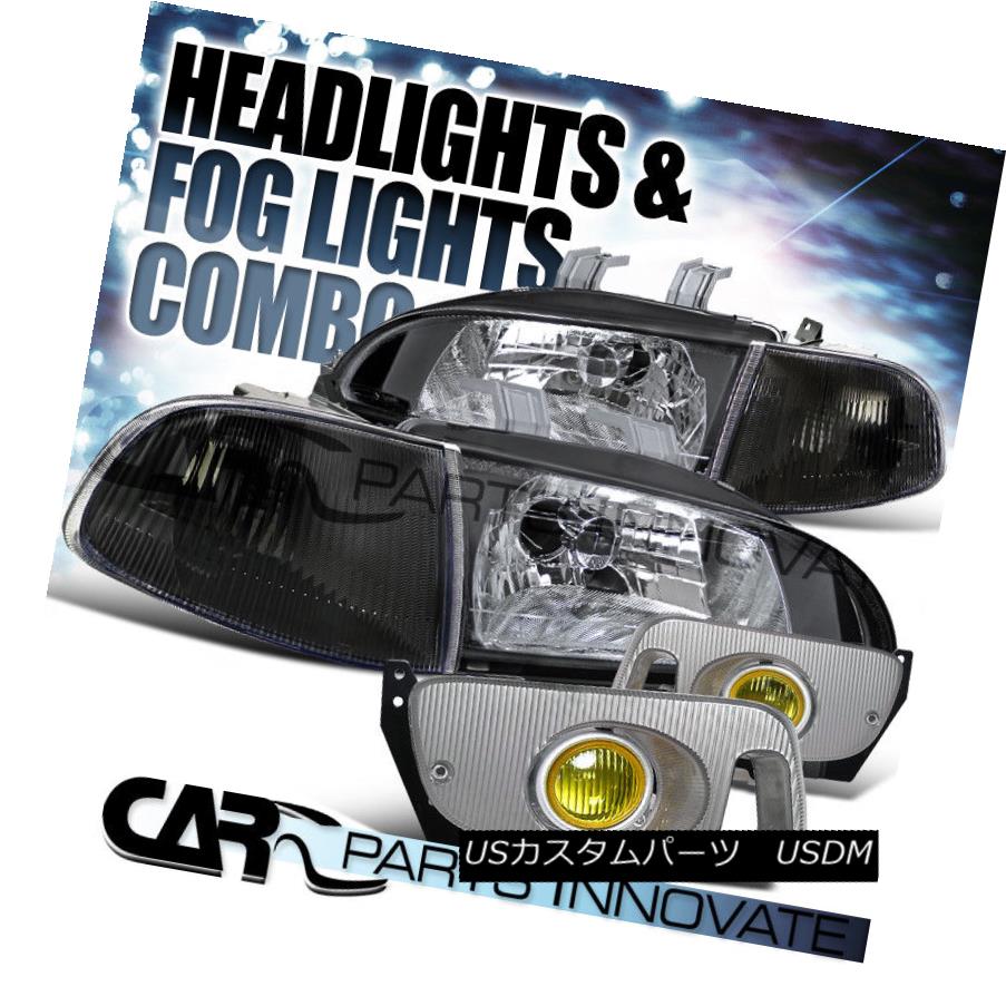 ヘッドライト Fit 92-95 Civic 2/3Dr Crystal Black Headlights+Corner Lights+Yellow Fog Lamps フィット92-95シビック2 / 3Drクリスタルブラックヘッドライト+ Cor nerライト+イエローフォグランプ 【並行輸入品】