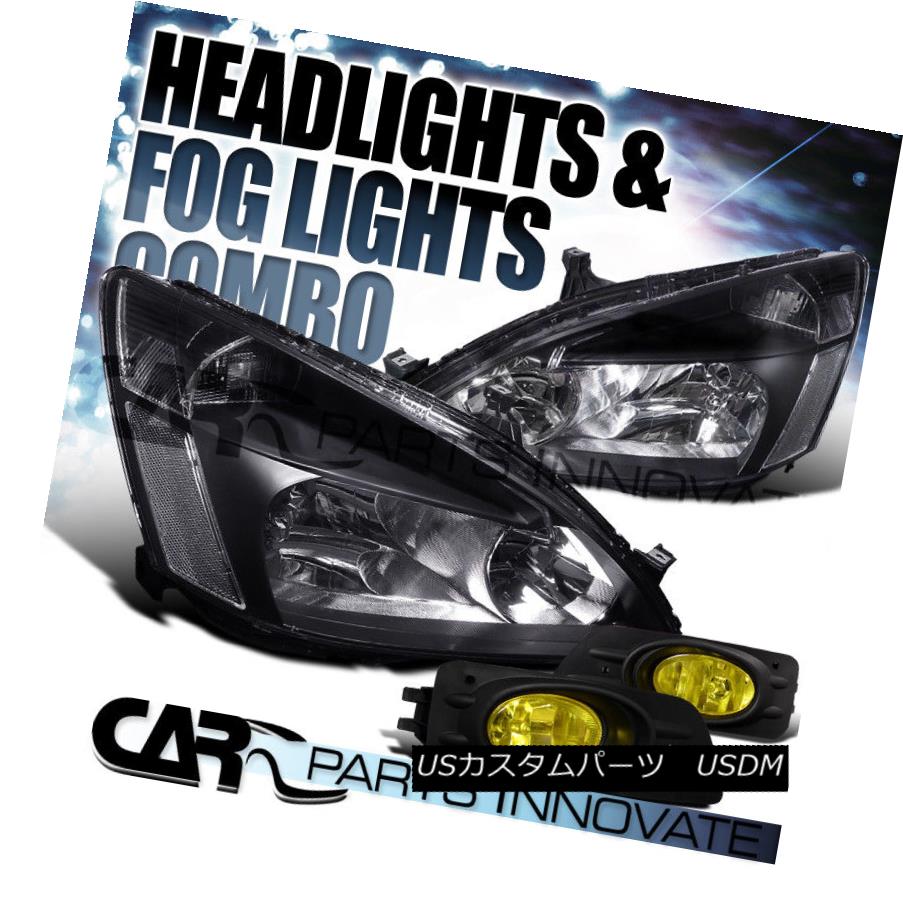 ヘッドライト Fit 2006-2007 Honda Accord 4Dr Sedan Black Headlights+Yellow Fog Bumper Lamp フィット2006?2007ホンダアコード4Drセダンブラックヘッドライト+イエロー 低フォグバンパーランプ 【並行輸入品】