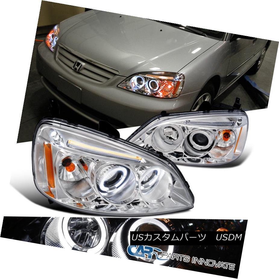 ヘッドライト Fit Honda 01-03 Civic 2/4Dr Clear LED Halo Projector Headlights Lamps Left+Right フィットホンダ01-03シビック2 / 4DrクリアLEDハロープロジェクターヘッドライトランプ左右+ 【並行輸入品】