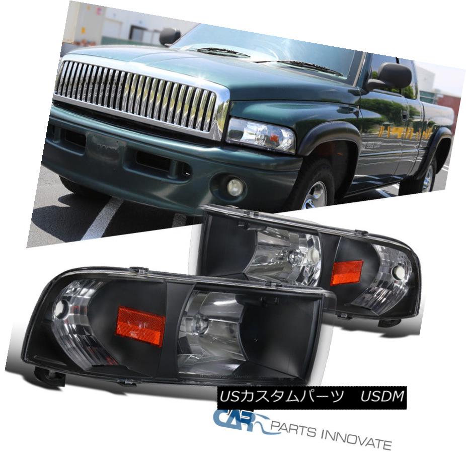 ヘッドライト 94-01 Dodge Ram Pickup 1500 2500 3500 Black Headlights+Corner Signal Lamps Pair 94-01ダッジ・ラム・ピックアップ1500 2500 3500ブラック・ヘッドライト+コルク ner信号ランプ・ペア 【並行輸入品】