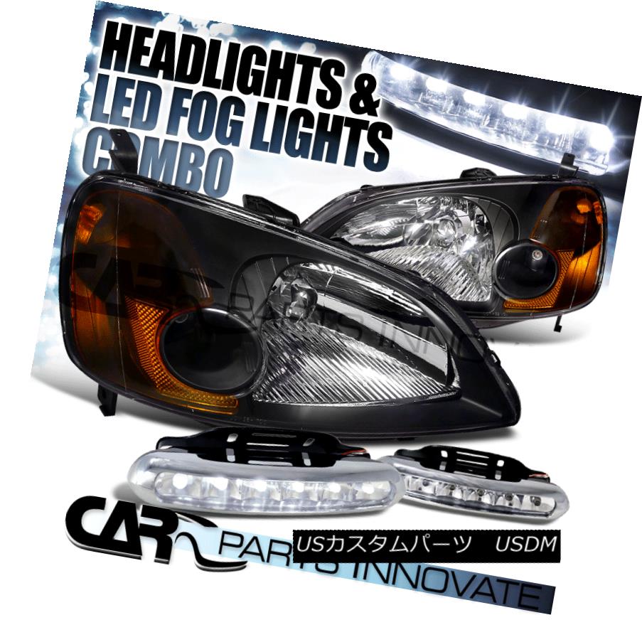ヘッドライト For 01-03 Honda Civic EM ES 2/4Dr Black Crystal Headlights+LED Fog Bumper DRL 01-03ホンダシビックEM ES 2 / 4Drブラッククリスタルヘッドライト+ LEDフォグバンパーDRL用 【並行輸入品】