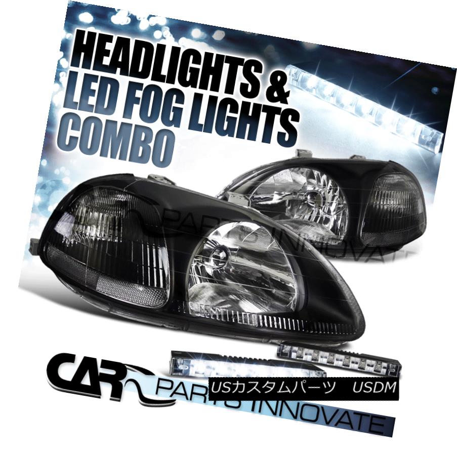 ヘッドライト Fit Honda 96-98 Civic 2/3/4Dr JDM Diamond Black Headlight+6-LED Bumper Fog Lamps フィットホンダ96-98シビック2/3 / 4Dr JDMダイヤモンドブラックヘッドライト+ 6-LE Dバンパーフォグランプ 【並行輸入品】