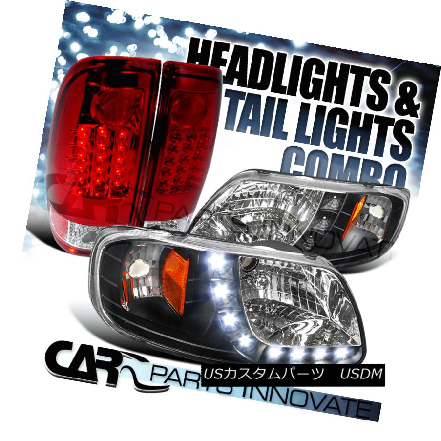 テールライト 97-03 F150 Crystal Black SMD DRL Strip Headlights+Red Brake LED Tail Lamps 97-03 F150クリスタルブラックSMD DRLストリップヘッドライト+レッドブレーキLEDテールランプ 【並行輸入品】