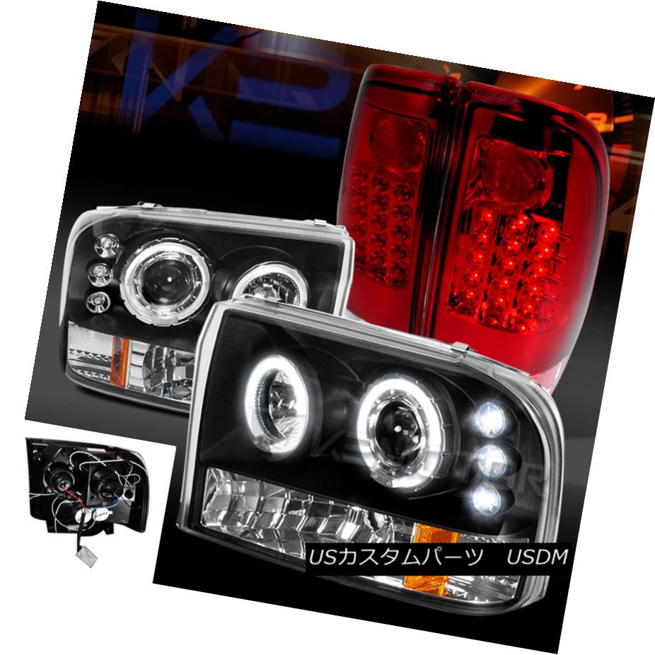テールライト 99-04 F250/350 Super Duty Black Halo Projector Headlights+Red LED Tail Lamps 99-04 F250 / 350スーパーデューティーブラックハロープロジェクターヘッドライト+レッドLEDテールランプ 【並行輸入品】