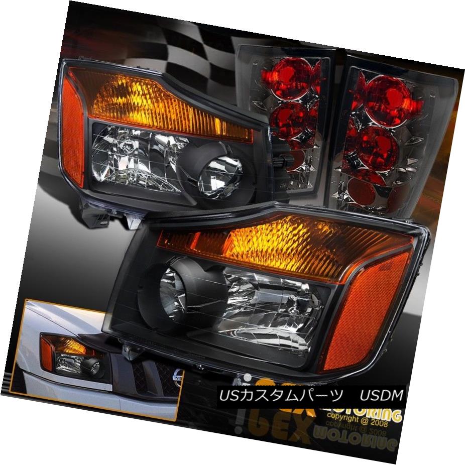 テールライト NEW For 2004-2014 Nissan Titan PickUp Black Headlights SET + Smoke Tail Light 2004年?2014年のNEW日産タイタンピックアップブラックヘッドライトSET +スモークテールライト 【並行輸入品】