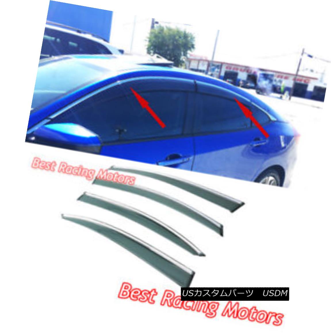 エアロパーツ JDM Style Side Window Visors + Chrome Molding Trims Fits 16-18 Honda Civic 4dr JDMスタイルのサイドウィンドウバイザー+クロームモールディングトリムは16-18ホンダシビック4drに適合 【並行輸入品】