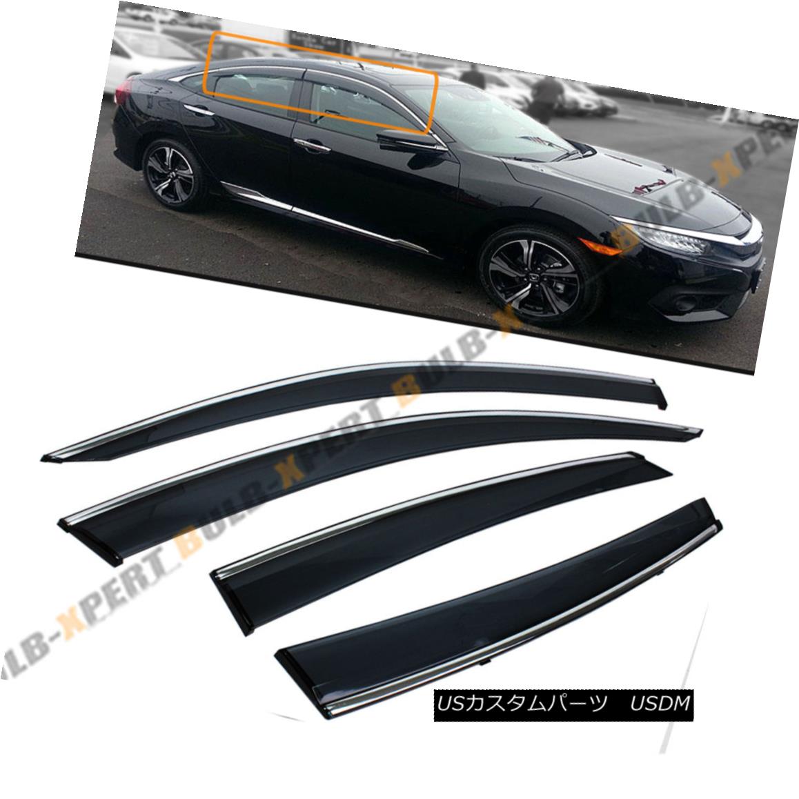 エアロパーツ CLIP-ON TYPE JDM SMOKE WINDOW VISOR W/ CHROME TRIM FOR 2016-18 HONDA CIVIC SEDAN 2016-18ホンダシビックセダンのためのクリッピングオンタイプJDMスモークウインドウビジョー/クロムトリム 【並行輸入品】