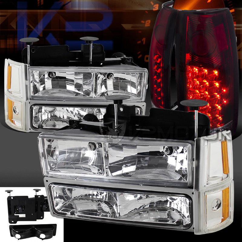 コーナーライト 94-98 GMC C10 Sierra Chrome Headlights Bumper Corner Lights+Red LED Tail Lamps 94-98 GMC C10シエラクロームヘッドライトバンパーコーナーライト+レッドLEDテールランプ 【並行輸入品】