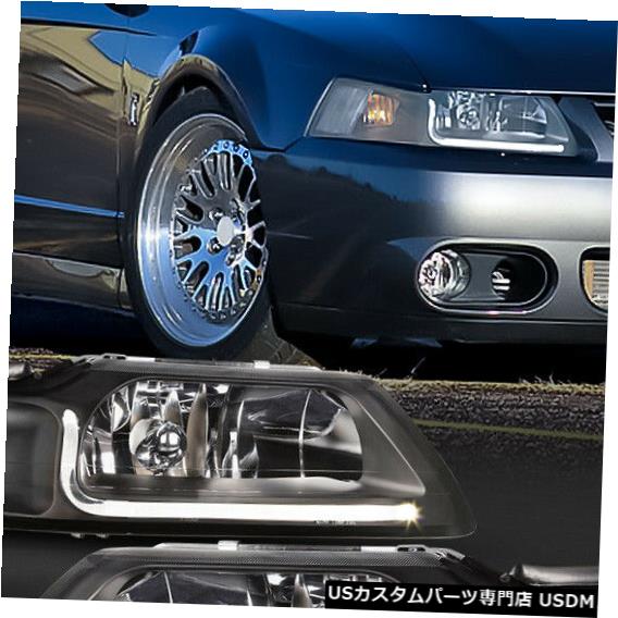 ヘッドライト Fits 1999-2004 Ford Mustang <LED L-BAR DRL> Black/Clear Corner Headlight Lamp 【並行輸入品】