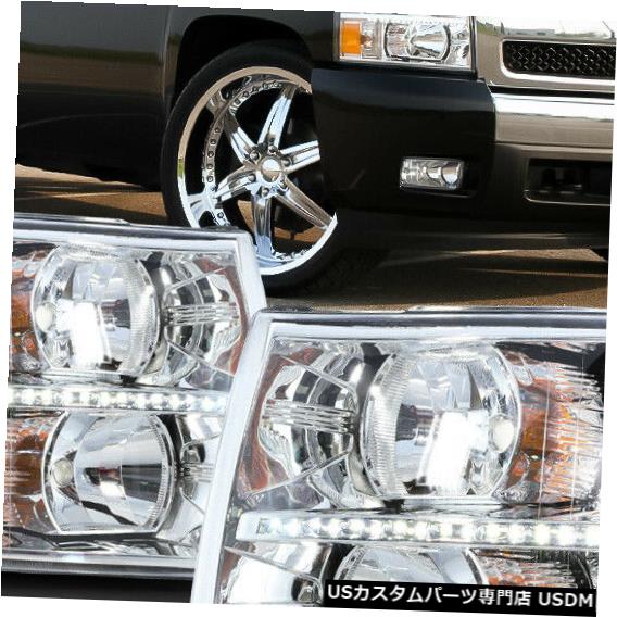 ヘッドライト Fits 2007-2014 Chevy Silverado<LED DRL>Chrome/Clear Amber Corner Headlight Lamp 【並行輸入品】