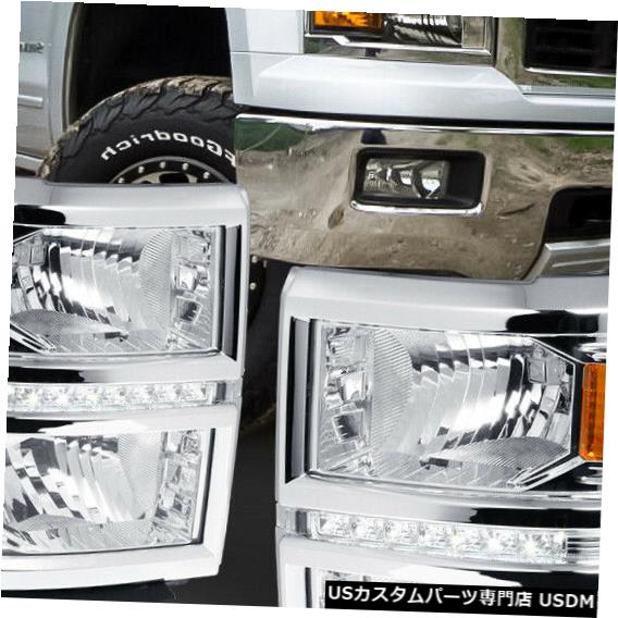 ヘッドライト Fits 2014-2015 Chevy Silverado<LED DRL>Chrome/Clear Amber Corner Headlight Lamp 【並行輸入品】