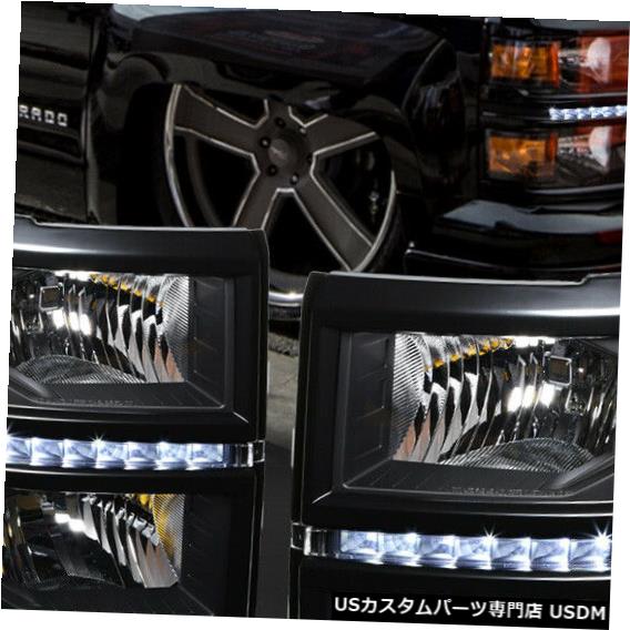 ヘッドライト Fits 2014-2015 Chevy Silverado <LED DRL> Black/Clear Amber Corner Headlight Lamp 【並行輸入品】