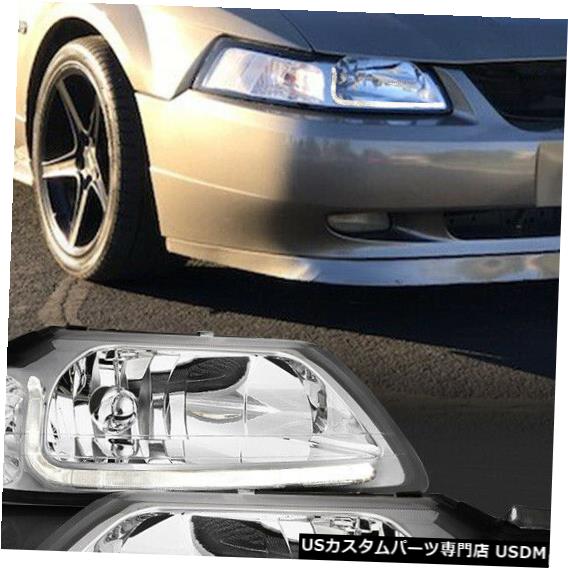 ヘッドライト Fits 1999-2004 Ford Mustang <LED L-BAR DRL> Chrome/Clear Corner Headlight Lamp 【並行輸入品】